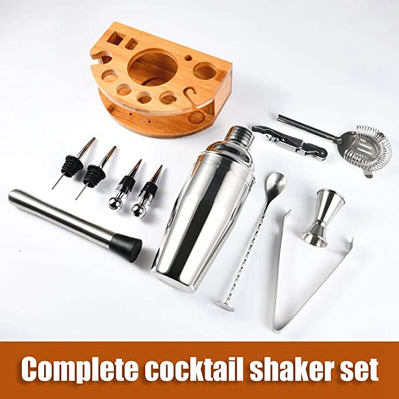25Oz Bartender Kit with Stylish Bamboo Stand, 12 Piece Cocktail Shaker Set, Stainless Steel Bar Tool Set