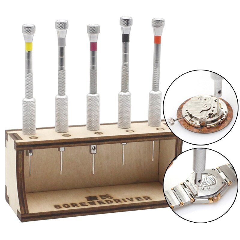 1 Juego de destornillador de reloj de acero inoxidable plano y hoja cruzada de 0,8 Mm a 1,6 Mm con soporte