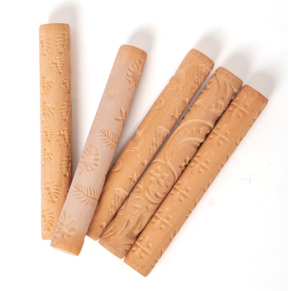 Klei Patroon Roller Houten Handvat Aardewerk Gereedschap Bloem Opluchting Hout Hand Rollen Voor Klei Klei Stempel: 5PC