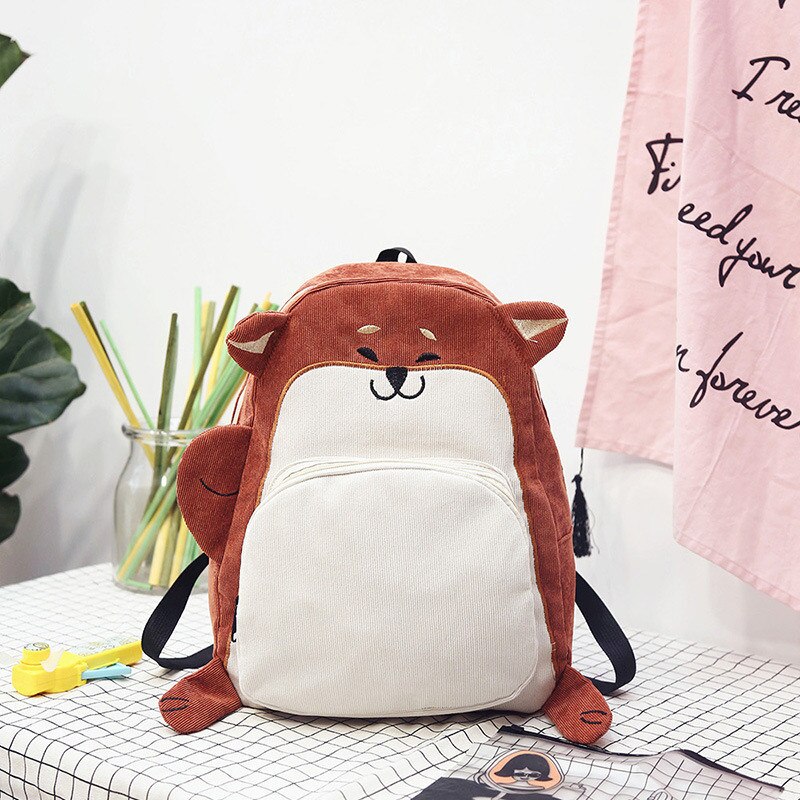nouvelle femmes sac à dos sac d'école toile mignon animal oreille broderie velours côtelé sac à dos femme vintage cahier sac à dos: Squirrel