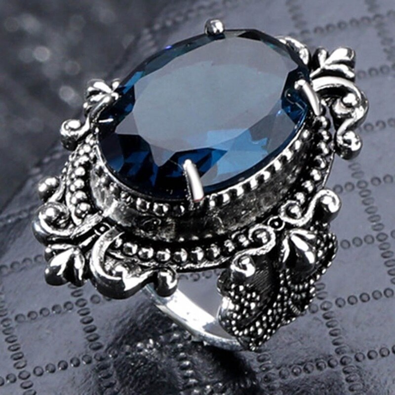 1 Pc Jahrgang Blau Zirkon Schmuck Ringe retro Punk Stil Feine Gans Ei Schmuck Blume Carving Blau Großen Oval Geschnitten peridot