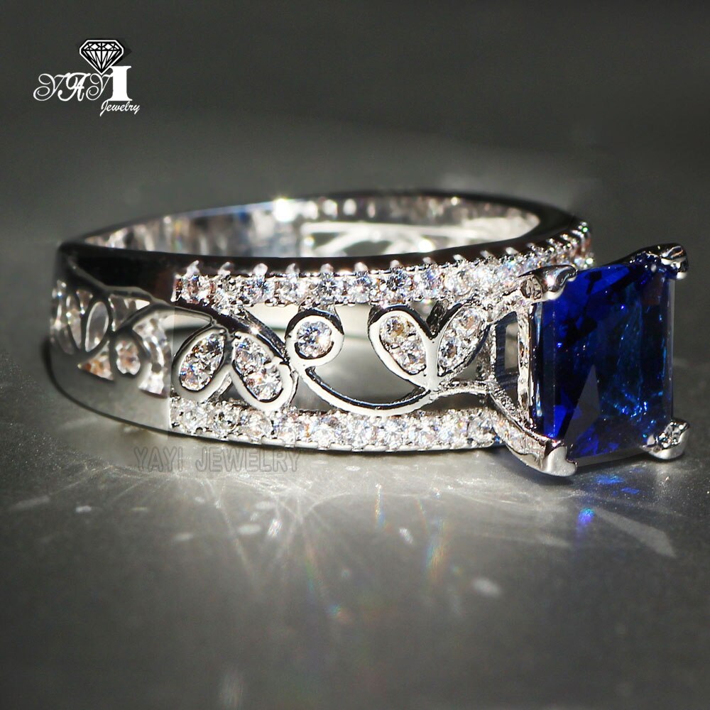 Joyería YaYI de corte princesa, anillos de compromiso de circonita azul de 3,2 CT, anillos de boda, anillos de 637