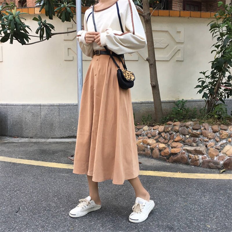 Solid midi plisserad kjol med bälte dam vår svart hög midja a-linje kjolar dam koreanska harajuku skol lång kjol