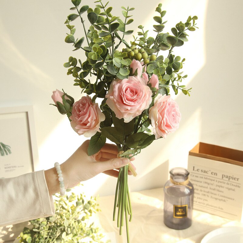 Brudebuket brudepige kunstig silke blomst ægteskab bord tilbehør bryllup blomster rose eukalyptus blade buketter: 1