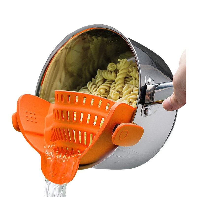 Adjustable Silicone Clip On Strainer Food Grade Heat Resistant Pot Drain Pan Strainer Liquid Drainer Kitchen Colander Strainer: Orange