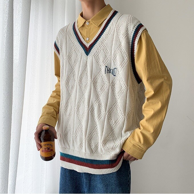 Genser Vest menn brev trykt bf v-hals 2xl oversize herre vester preppy stil streetwear stripetopp fritid strikkede gensere: Hvit / Xl