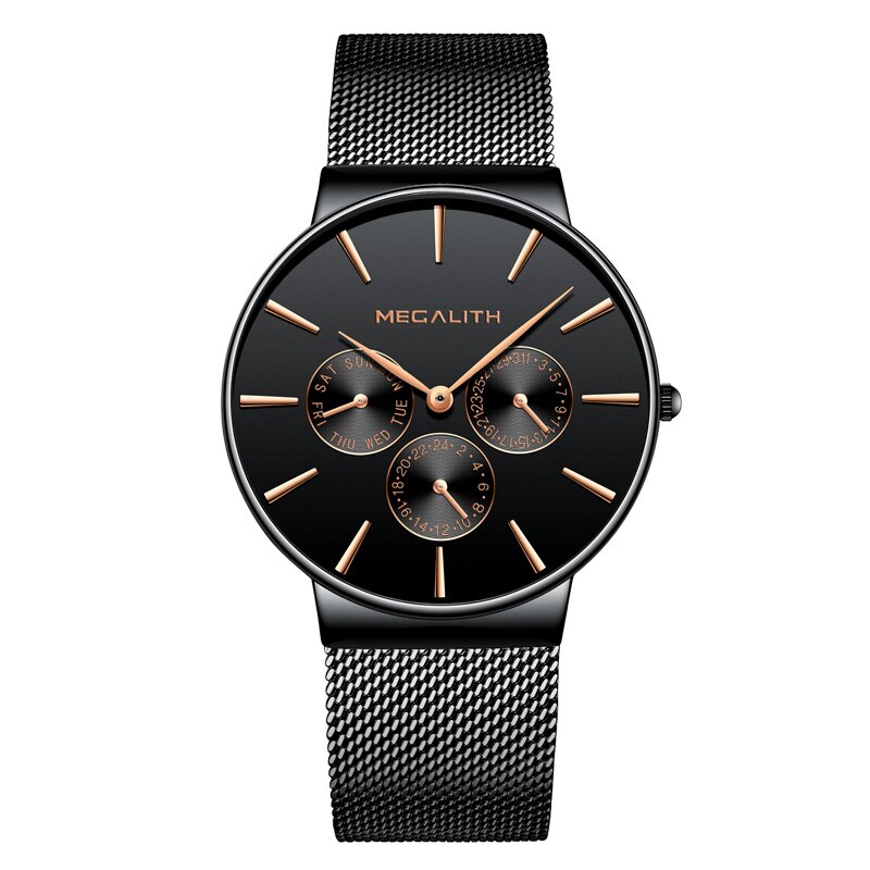 MEGALITH relojes para hombre, reloj de pulsera resistente al agua de lujo, reloj de cuarzo ultrafino para hombre, reloj deportivo Erkek Kol Saati: black gold