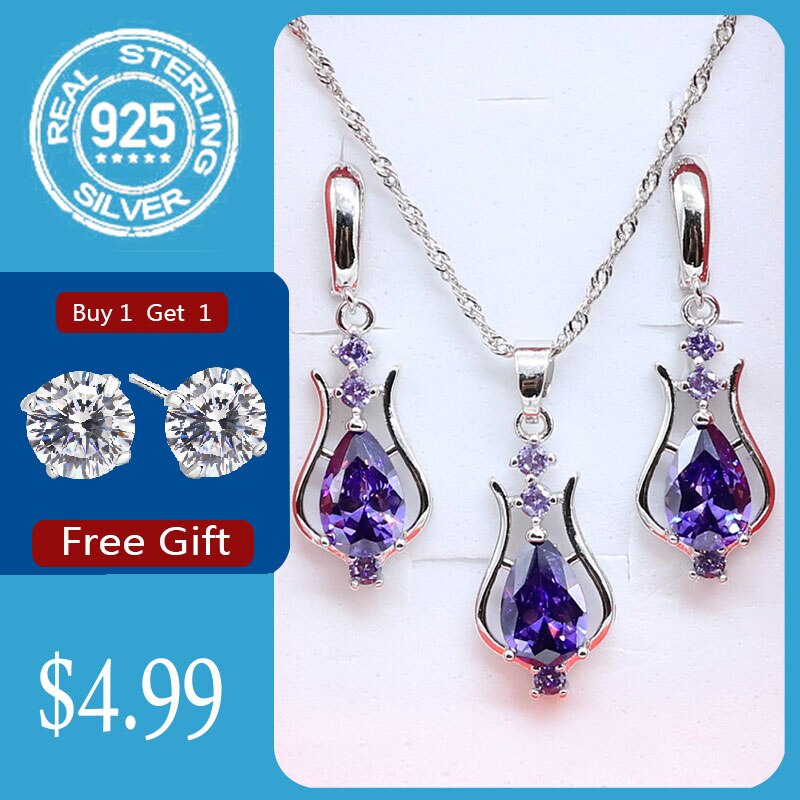 Niebieski szafir spadek kolczyki naszyjnik srebrny 925 komplet biżuterii damskiej bezpłatny prezent biżuteria ślubna: purpurowy / 7