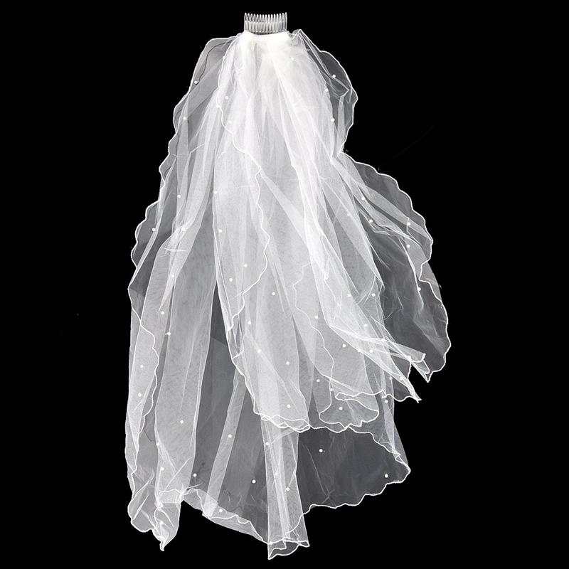Velo de boda de 80CM de largo, doble capa con cuentas de perlas para boda, Mantilla nupcial con peine para novia, accesorios de boda