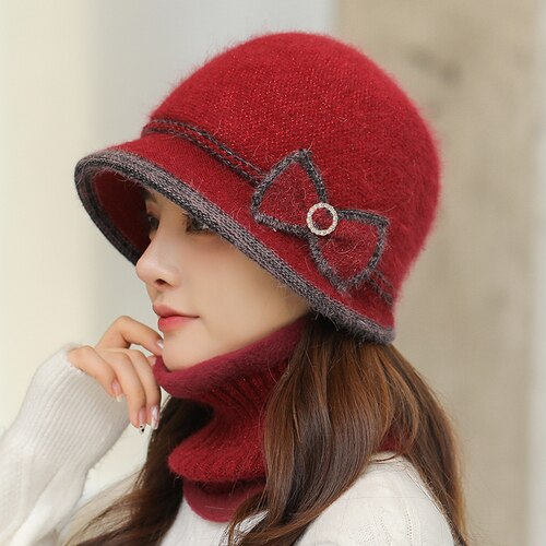 warm Girl Winter Autumn beret hat for women Wool knitted hat for mom Rabbit fur beret solid lady cap fall hat Female cap: Red wine / A single hat