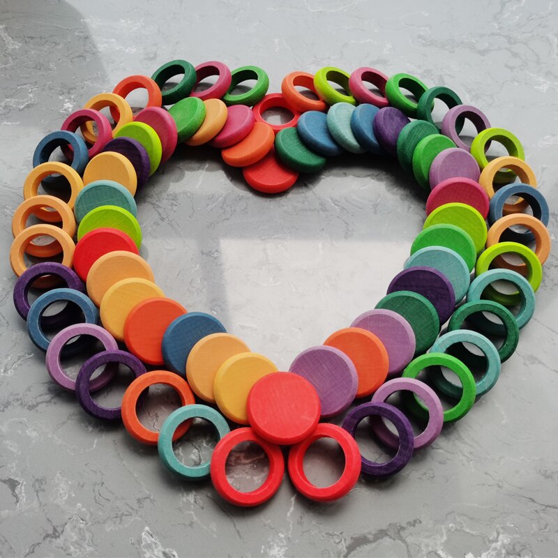 Juguetes de madera de 12 Colores para niños, monedas y anelli de arcoíris de haya, bloques apilables, piezas naturales s