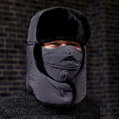 Gorros de estilo aviador para hombre, gorros de estilo aviador de invierno, de color sólido, con hueso más grueso, sombrero de nieve ruso, con solapa para las orejas, gorro de lei feng, novedad de: gray