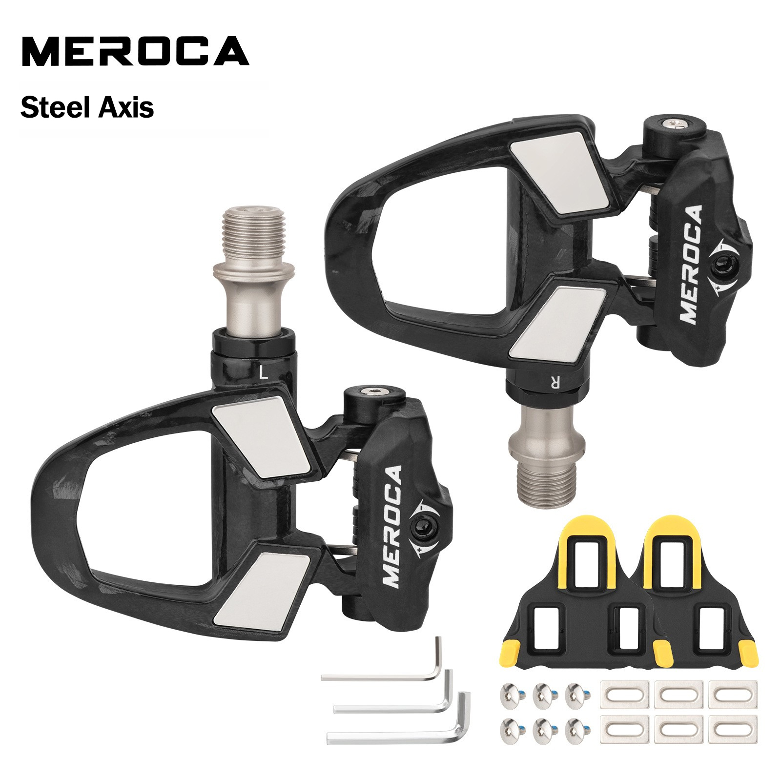 MEROCA fiets koolstofvezel slotpedaal drielager SPD slotpedaal concurrentiekwaliteit inclusief slotplaatset antislippedalen: WIT