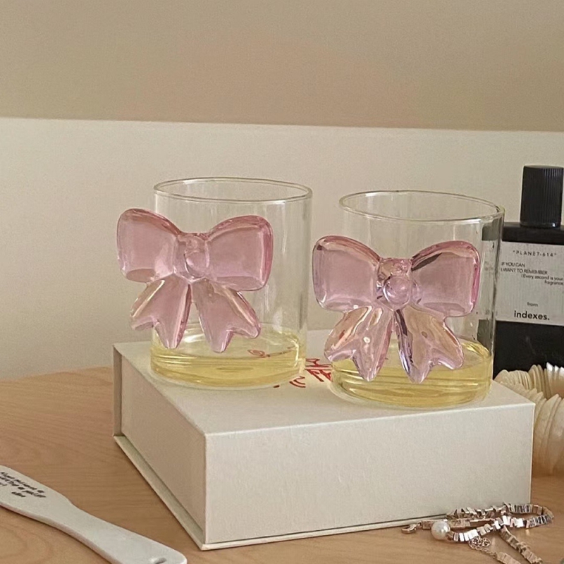 Verre à grand nœud rose, tasse en verre, poignée à nœud, lunettes résistantes à la chaleur, bol de crème glacée à Dessert à haute teneur en Borosilicate, de fête