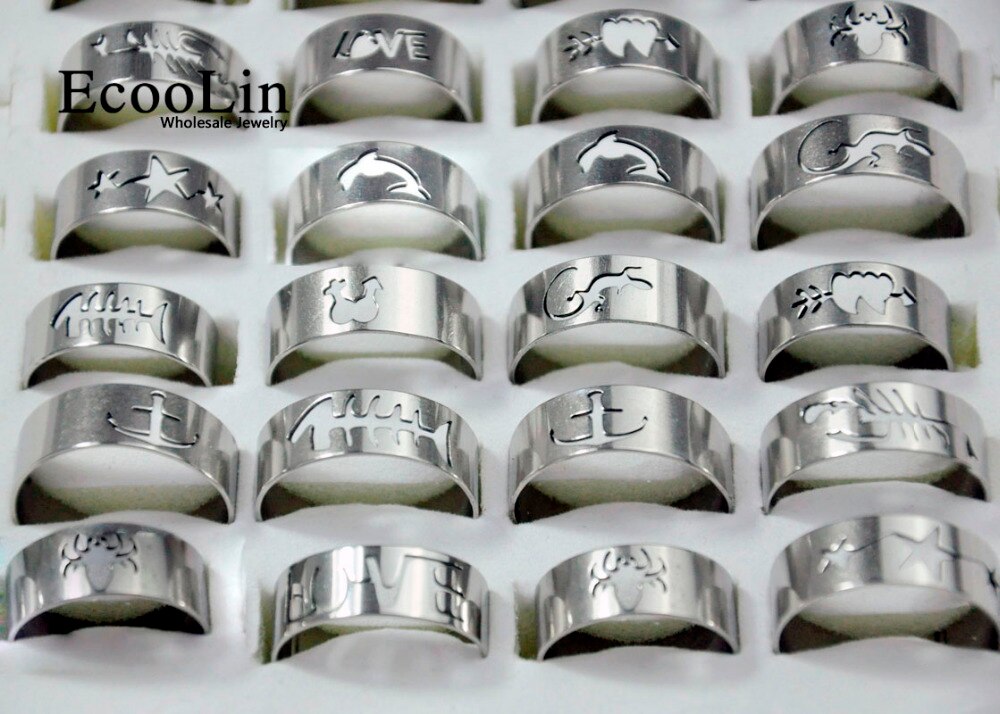 50Pcs Openwork Pattern Stainless Steel Men Rings Mixed Lots Men&#39;s Jewelry Bulks Packs LB117