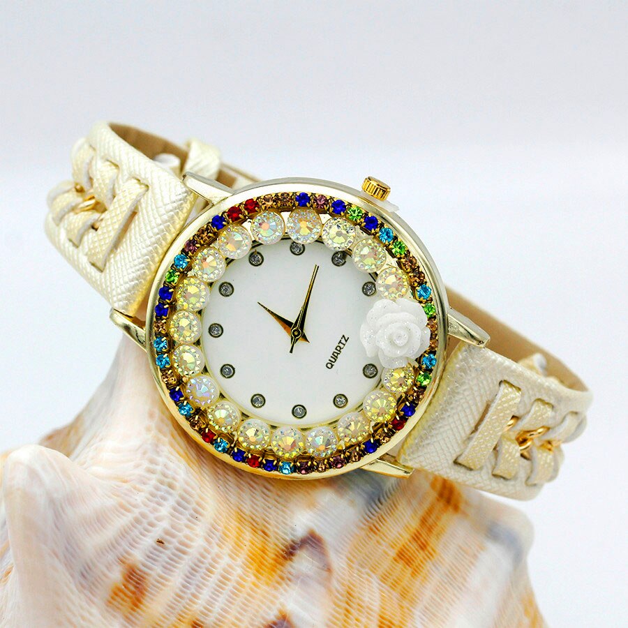 Ladies Flower Hand-knitted Wristwatch Rose Women Dress Watch Color Sparkling Rhinestone Leather Strap Clock Sweet Girl Watch: white