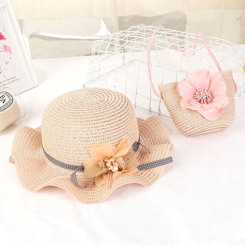 Women Girls Straw Sun Hat + Cute Flower Straw Shoulder Bag Set Summer Beach Kit -OPK