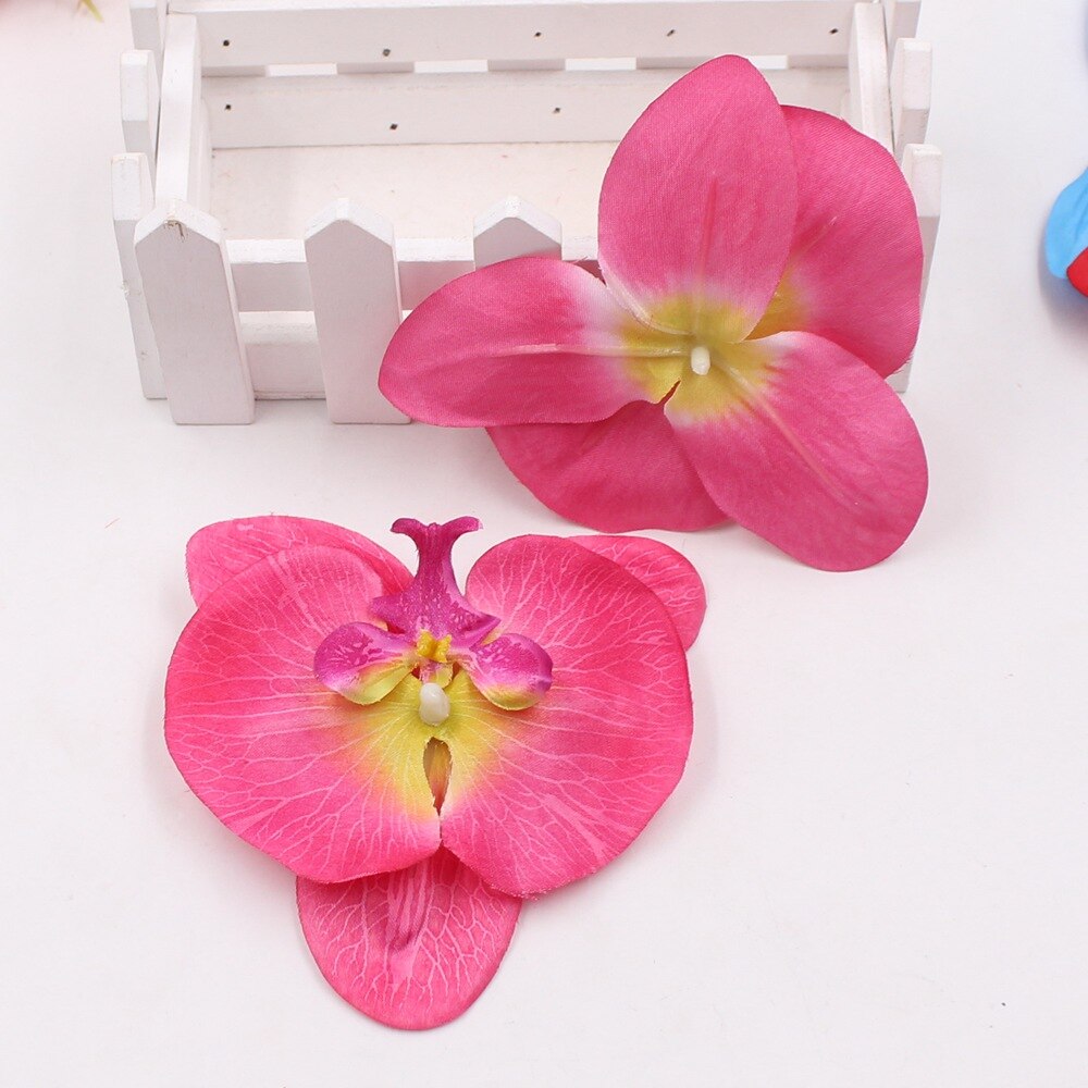 2 stk/parti 10cm store stof sommerfugle orkidé phalaenopsis blomsterhoveder boligdekoration diy multi-brug kunstig blomst: Rosenrød