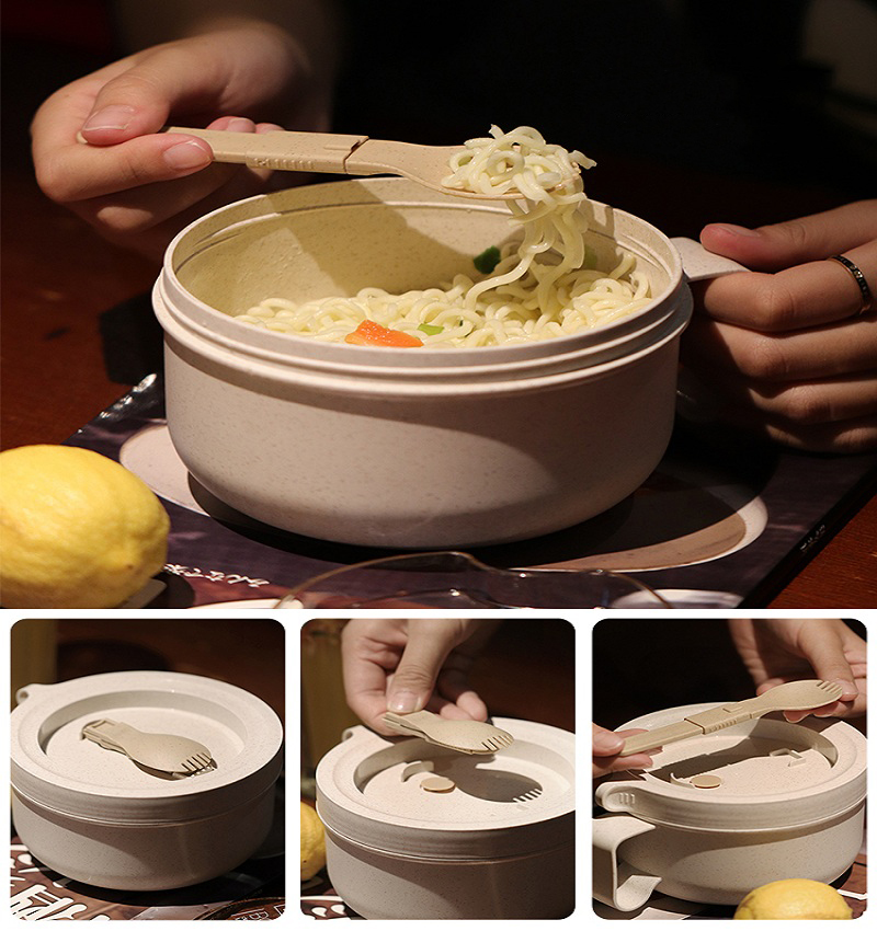 Vetehalm mikrovågsugn snabbnudelskål med lock sovsal japansk stil kontorsarbetare student ramen skål handtag servisset