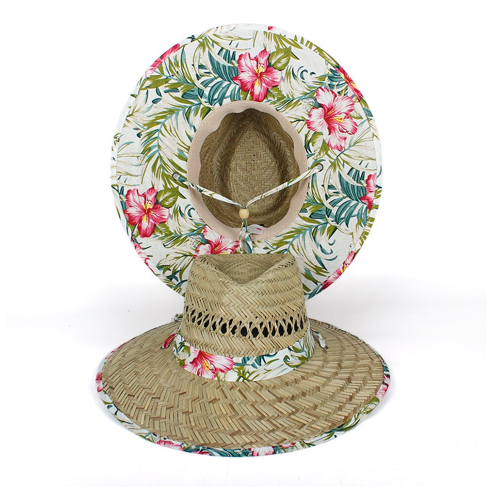 Summer Women Lifeguard Hat 100% Natural Straw Weave Lady Beach Sun Hat Outdoor Bohemia Wide Brim Fedora Panama Hat Size 58-59CM