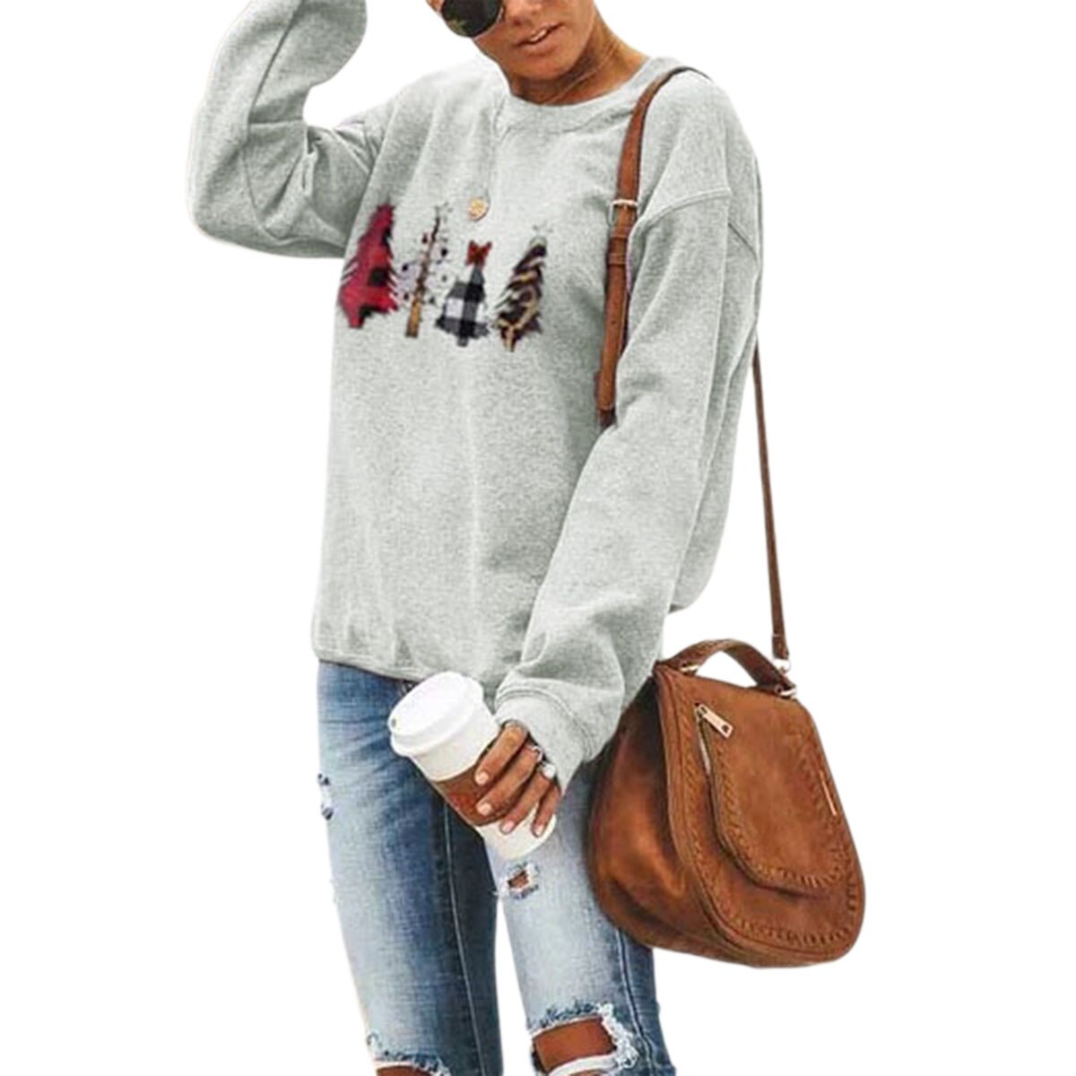 Women Christmas Trees Print Running T-Shirts Round Neck Long Sleeve Sportwear Casual Breathable Tracksuit For Fitness Yoga Gym