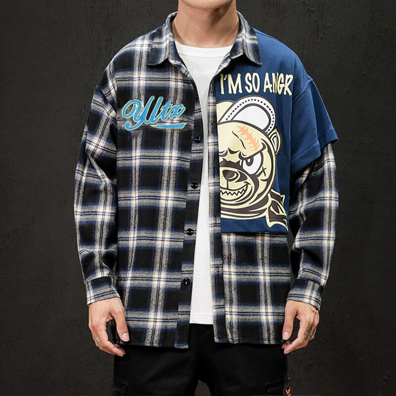 8xl 6xl 5xl 4xl høst menn langermet skjorte rutete tegneserietrykk menn streetwear skjorte uformelt Plus størrelse løse skjorter