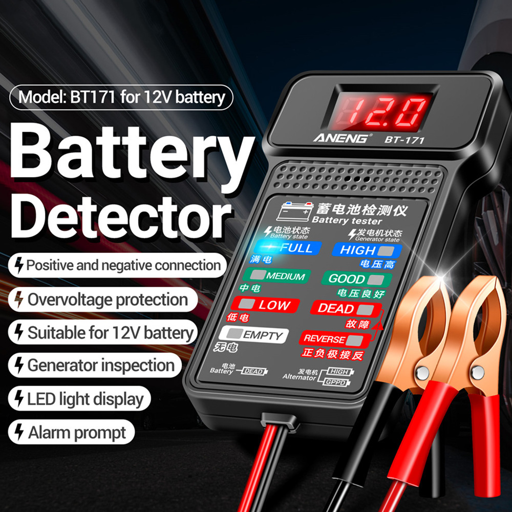 Probadores de batería multifuncionales BT-171, 12V, detección industrial de reparación de automóviles con pantalla LED de visualización inversa, diagnóstico de electricista