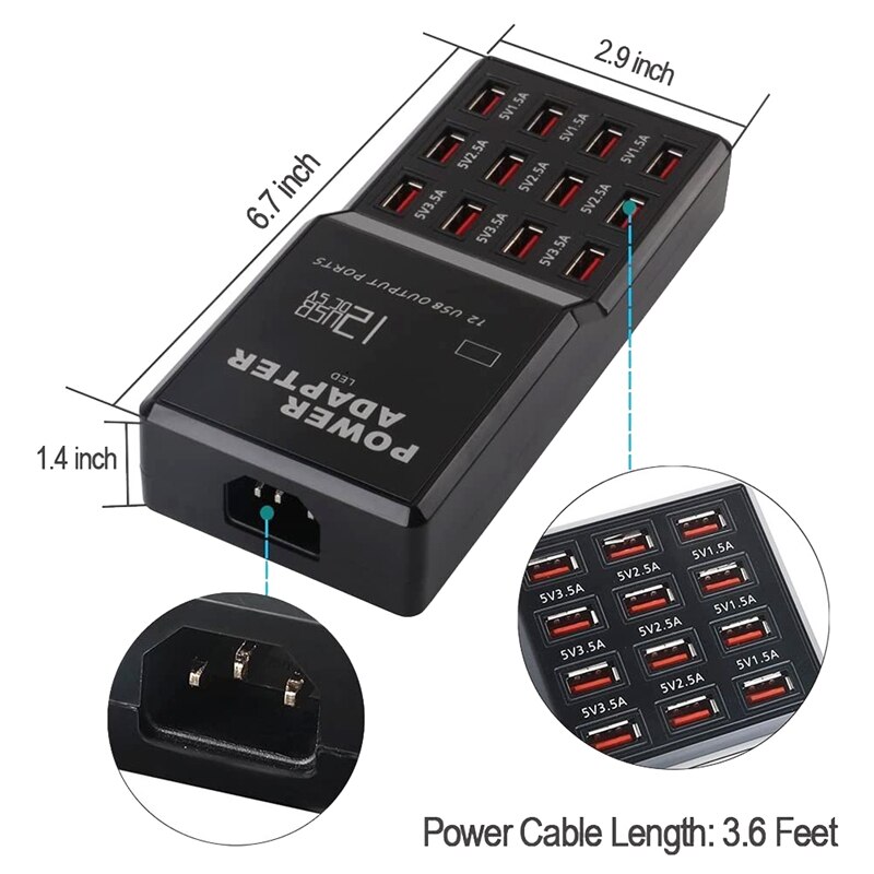12 USB Port 60W/12A Multi USB Charger Multi-Port USB Charger for Phone Universal Multi Phones Charging Station UK Plug