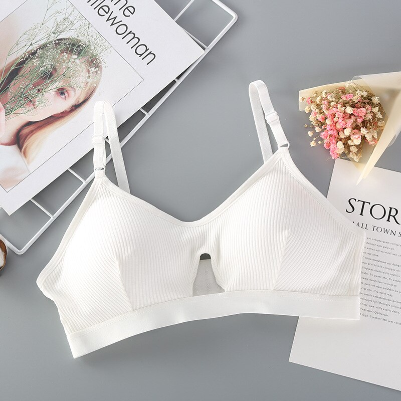 DERUILADY Sexy Hollow Solid Color Women Bra Thin strap Push Up Bra Wire Free Seamless Underwear Slim Fit Cozy Thread Female Bras: White