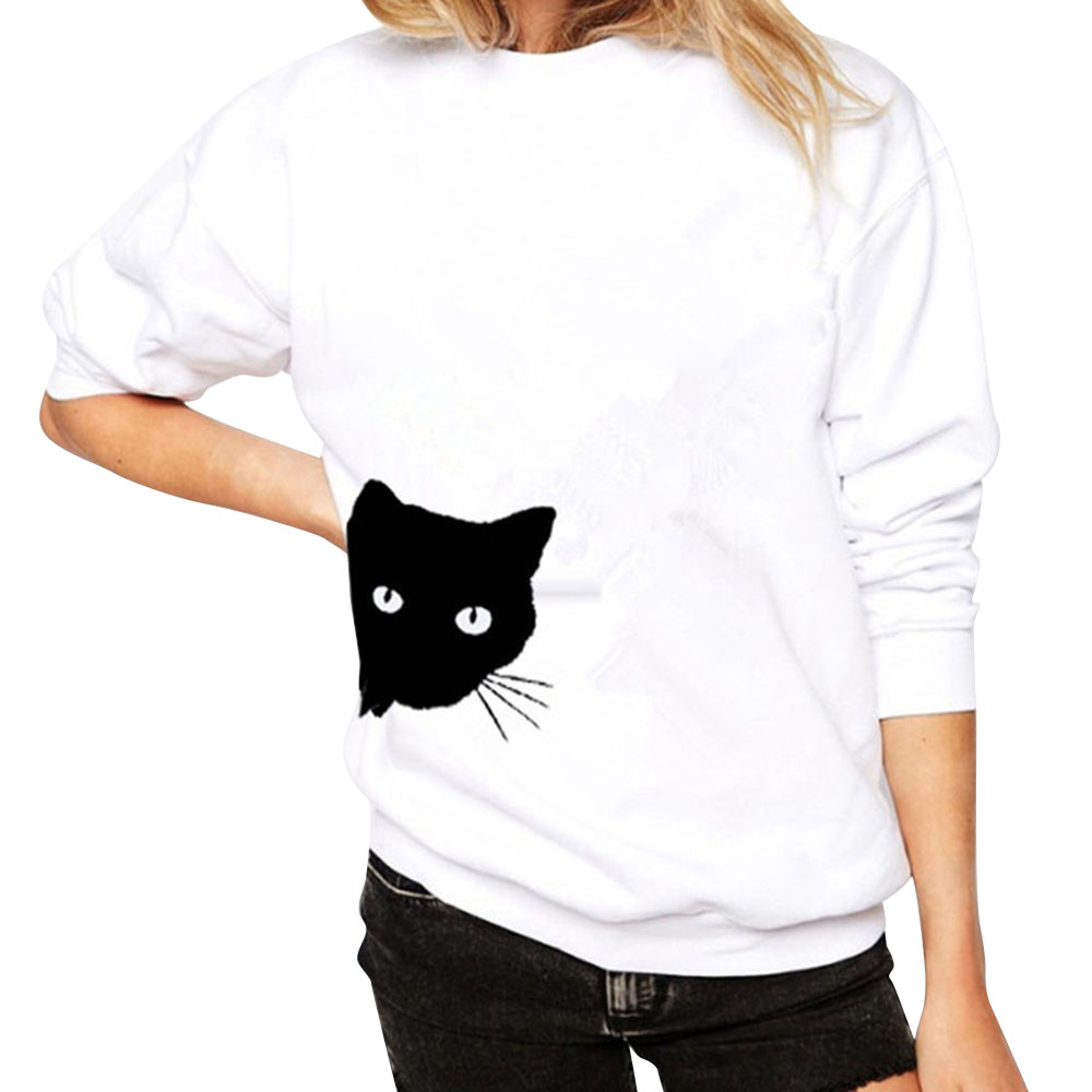 Jaycosin kvinder afslappet enkel kat print løs sweatshirt langærmet behagelig blød pullover toppe bluse: Hvid / Xl