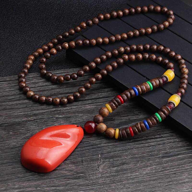 Collier unisexe fait à la main, bouddhiste du népal, pendentif de perles en bois de Mala, collier ethnique corne de poisson, Long bijoux pour hommes et femmes