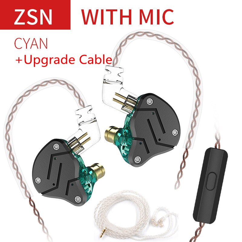 KZ ZSN 1DD + 1BA hybrydowy w słuchawkach dousznych wymienny przewodowy zestaw słuchawkowy HIFI czterordzeniowy napęd słuchawki do muzyki ZST ES4 ZSN PRO V80 ZS10: cyan with mic silver