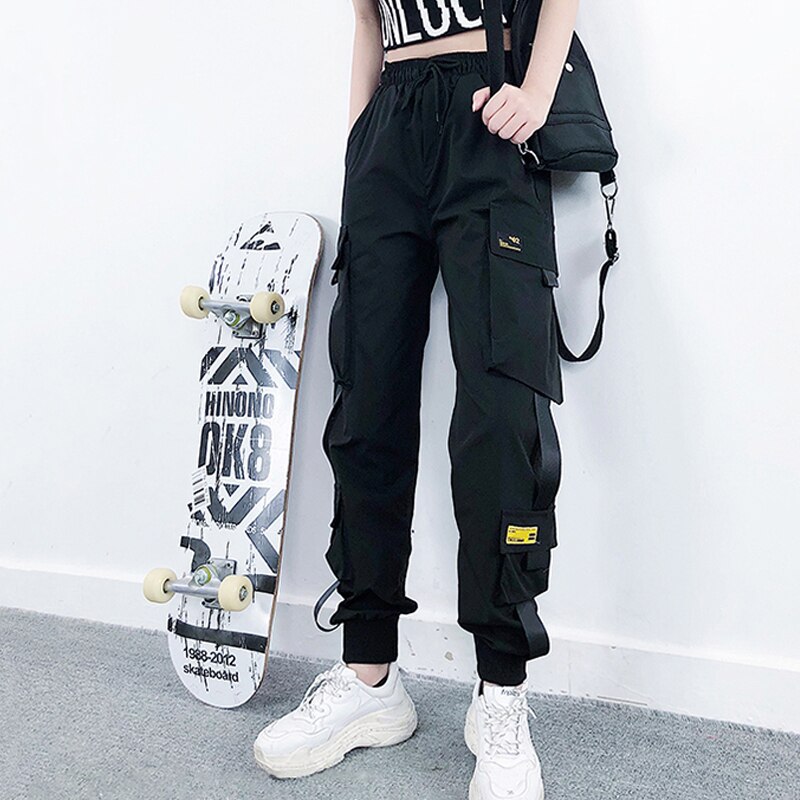 Black Cargo Pants Big Pockets Women High Waist Loose Streetwear Pants Baggy Trouser HipHop Joggers Pants