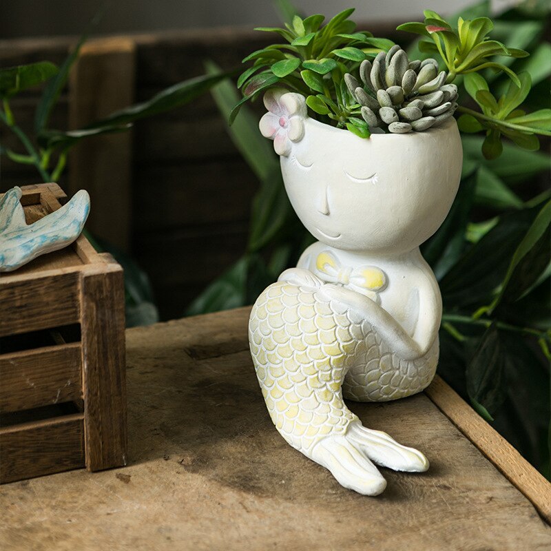 Pot de fleur de sirène mignon, Mini Vase de dessin animé, ornements en forme de poisson, Succulents amoureux des fleurs vertes, décoration de jardin pour la maison: C