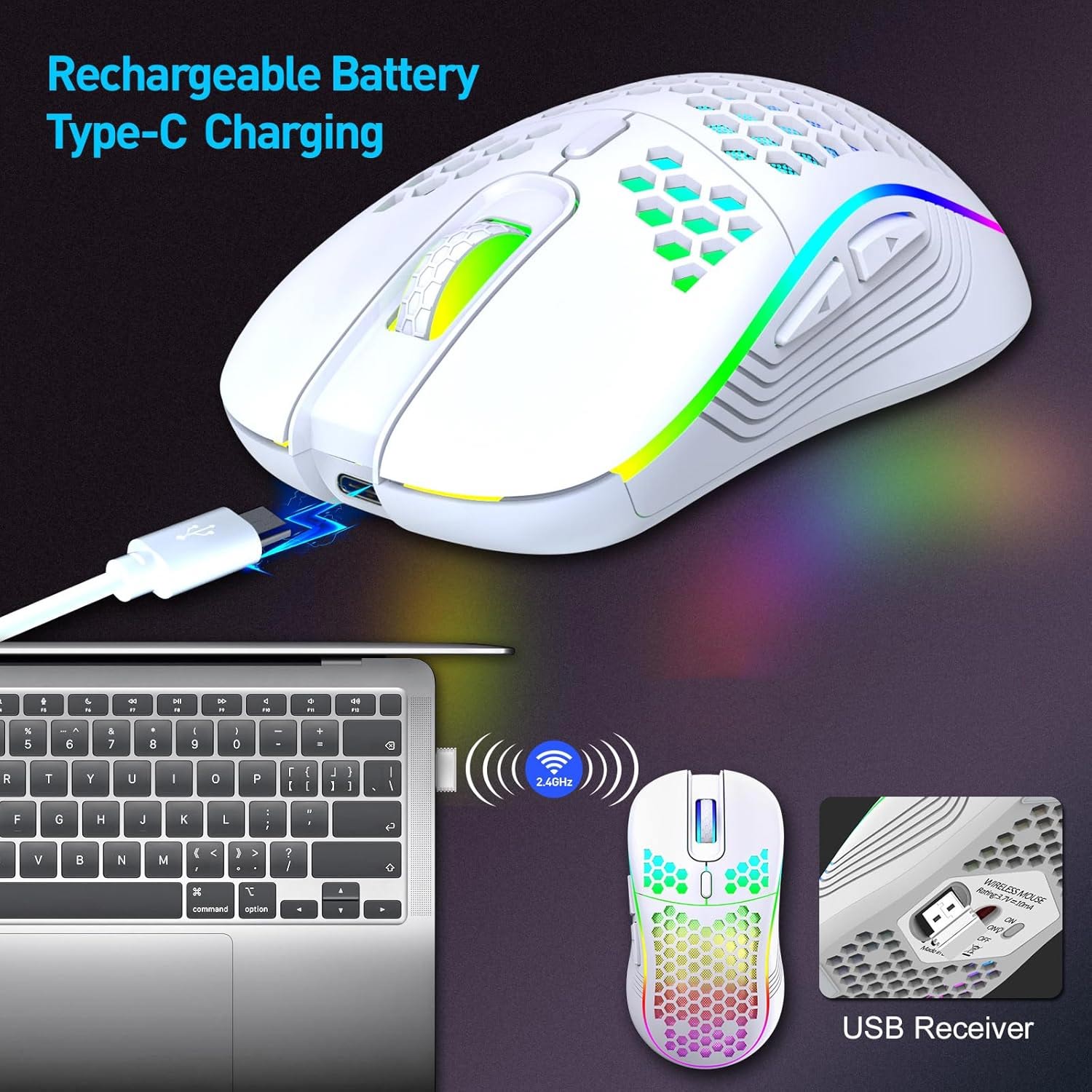 2.4G USB en Type-C draadloze gamingmuis RGB-achtergrondverlichting Oplaadbare verstelbare DPI Ergonomische muizen voor pc Laptop Mac Android