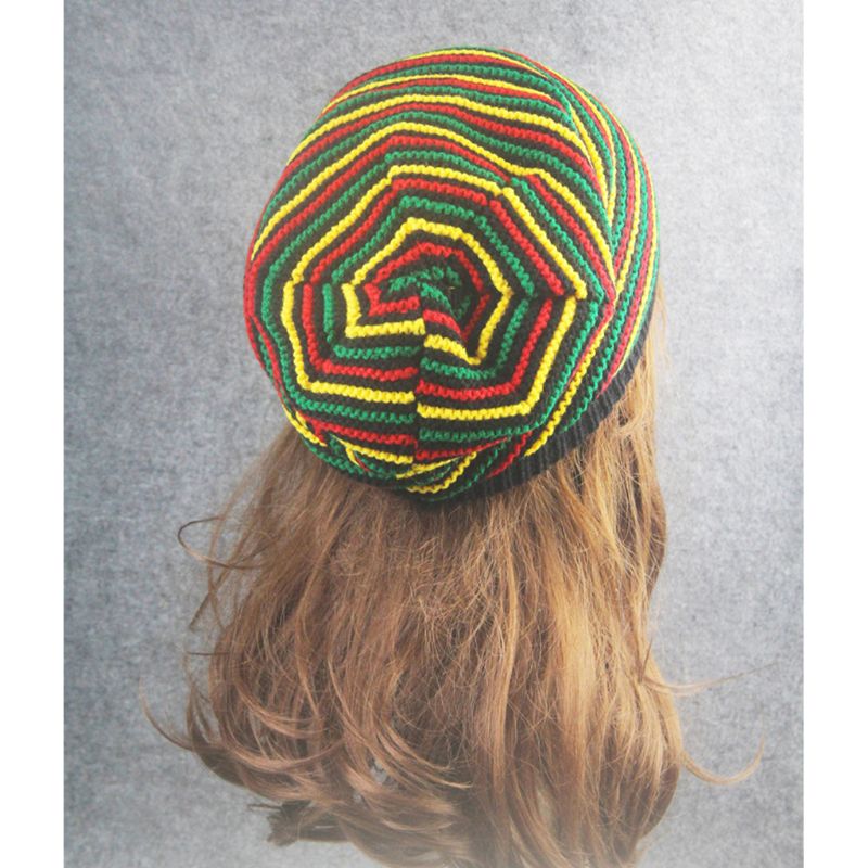 Unisex Haak Golvend Fijne Strepen Beanie Cap Regenboog Jamaica Vlag Baggy Skull Hoed 62KE