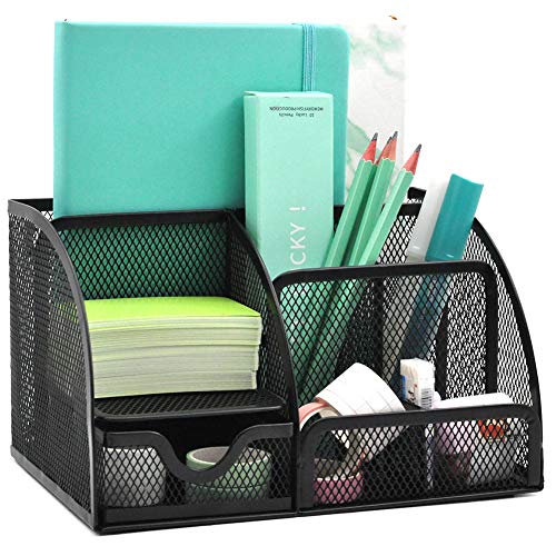 Mesh Desk Organizer Pen Holder Accessories Storage Caddy with 6 Compartments and Drawer Office Supplies: Black