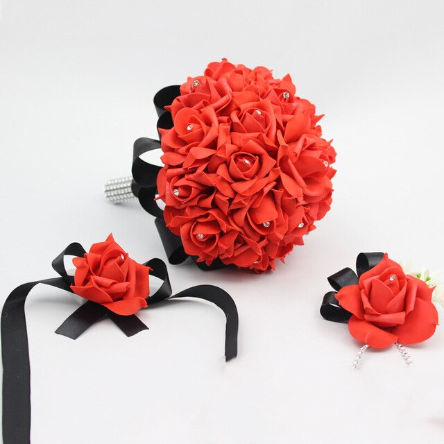 3 stks/set Bridal Bruidsmeisje Kunstbloemen houder Bruidsboeket Boutonniere Pols Corsage Set Thuis Party Bruid Accessoires: Red with black