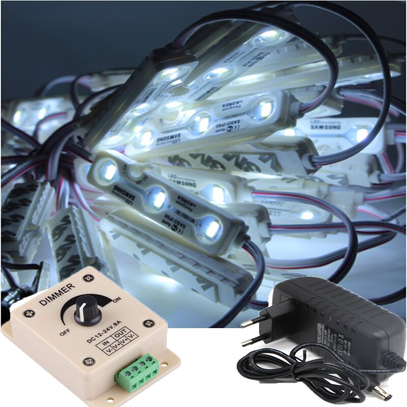 Dc 12v 50 stk høydepunkt  ip68 samsung smd 5730 5630 ledet modul lys reklamelampe 1.5w 3 lysdioder + ledd dimmerbryter 8a +3a strøm
