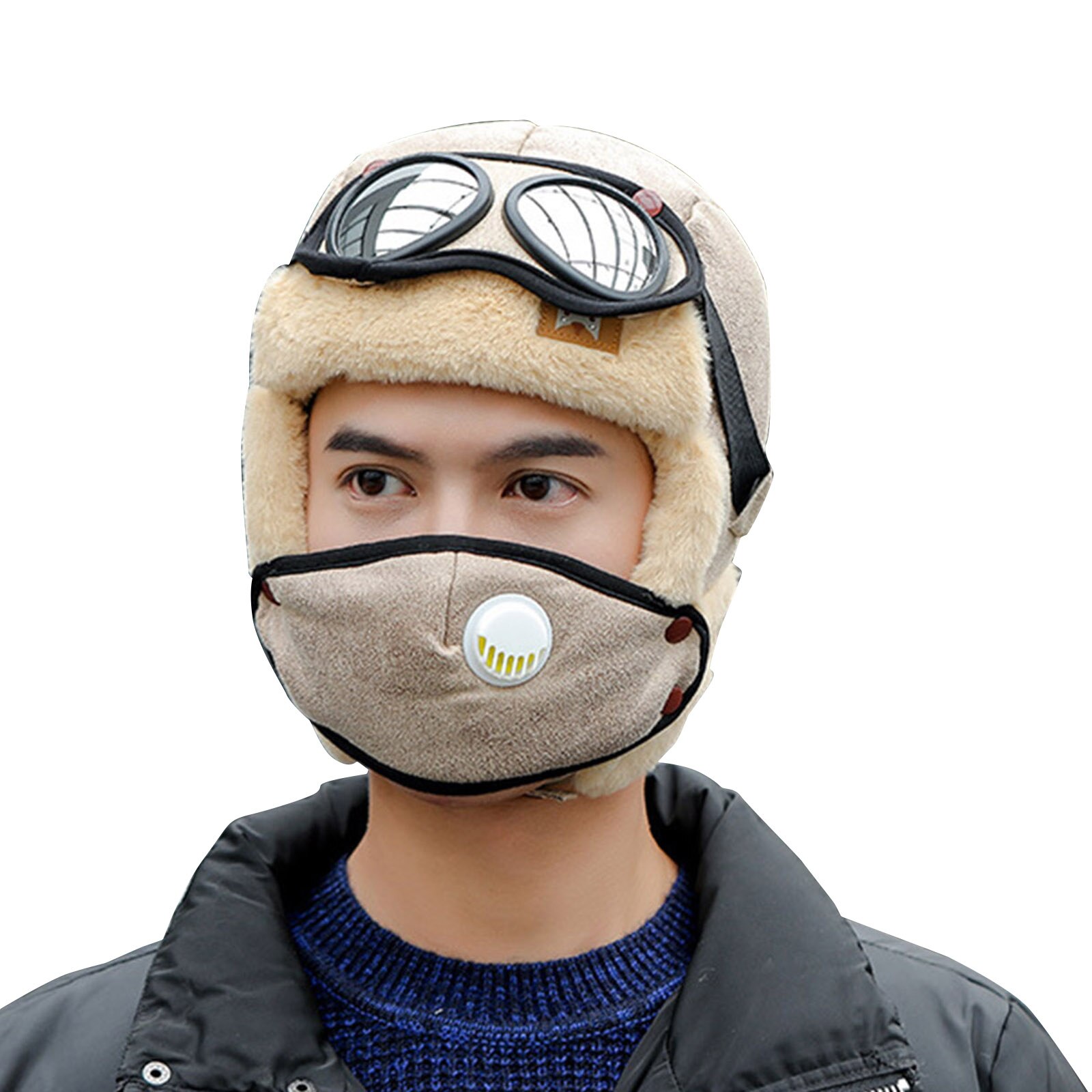 Cycling Windproof Outdoor Hat with Ear Flap and Breathing Valves Face Cover Goggles Warm Plush Full Head Hat PR: Khaki