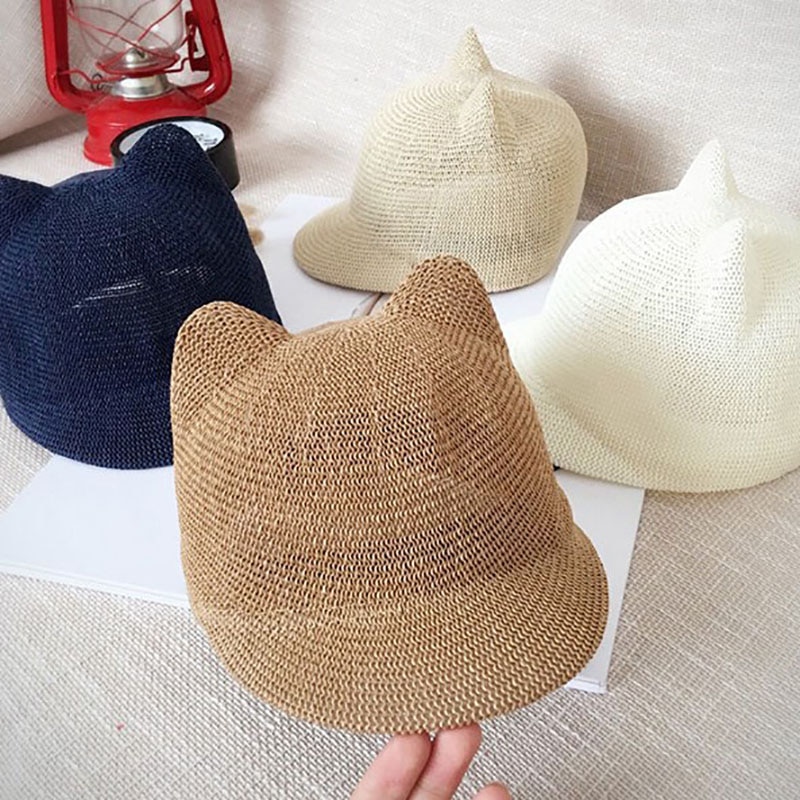 Nette Baby Hut Mit Ohren Sommer Stroh Mesh Baby Mädchen Junge Hut Kinder Snapback Baseball Cap Kinder Strand Sonnenhut