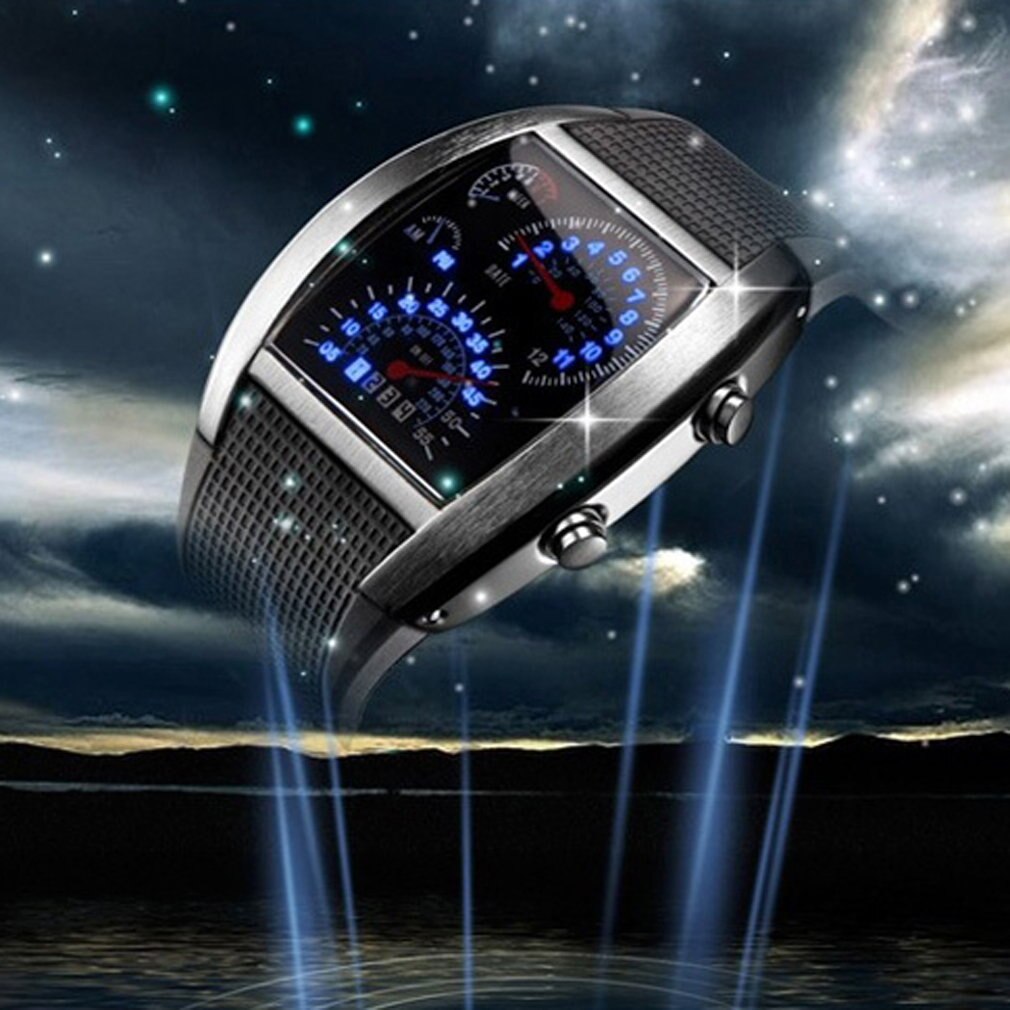 Unisex Car Speed Meter Dial LED Wrist Watch Flash LED Sports RPM Blue & White Men WatchNice