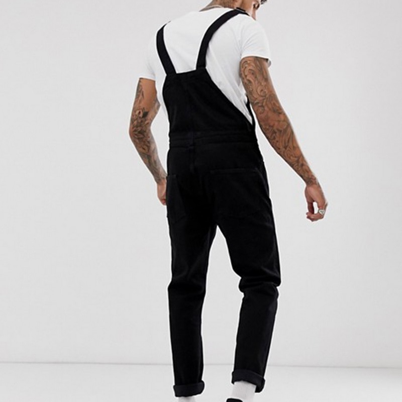 Jeans jumpsuit för herr svart jeans lång overall casual märkesbyxor herr hip hop streetwear jeans hängselbyxor