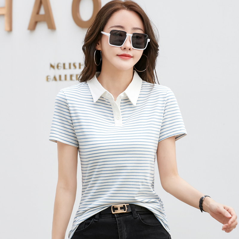 Korean Style Short Sleeve Polo Shirt Women Cotton Stretch Summer Tops Knitted Striped T-shirt For Women