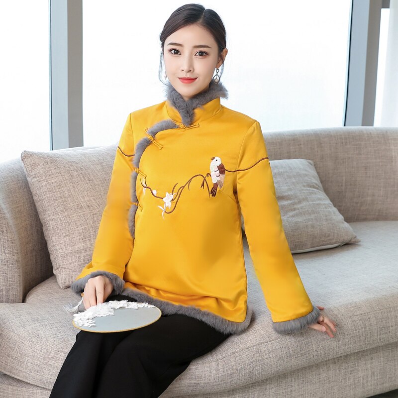 Chinese Year Clothes For Women Long Sleeve Winter Fleece Warm Thick Yellow Chinese Cheongsam Tops For Women FF2476