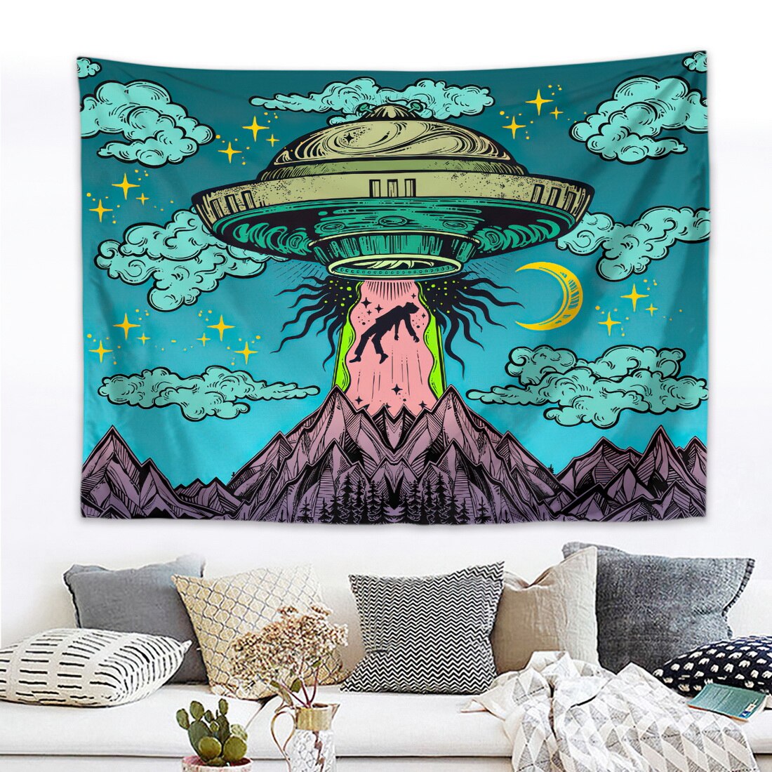 UFO Tapestry Wall Hanging Psychedelic Alien Hippie Decor Tapestries for Home Dorm Fantasy Decor