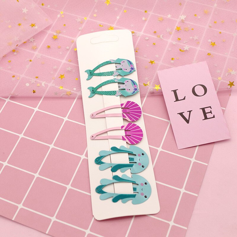 Accessoires pour cheveux 6 pièces/ensemble | Nouveaux accessoires pour enfants, couvre-chef ananas Fruit épingles à cheveux dessin animé sirène cheval arc-en-ciel, pince pour filles: Corail Rouge