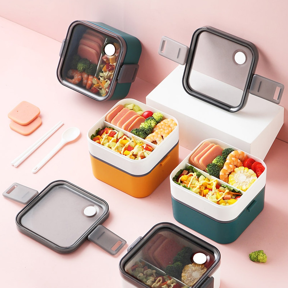 500-1100ml Portable 2 Layer Healthy Lunch Box Food Container Microwave Oven Lunch Bento Boxes With Cutlery