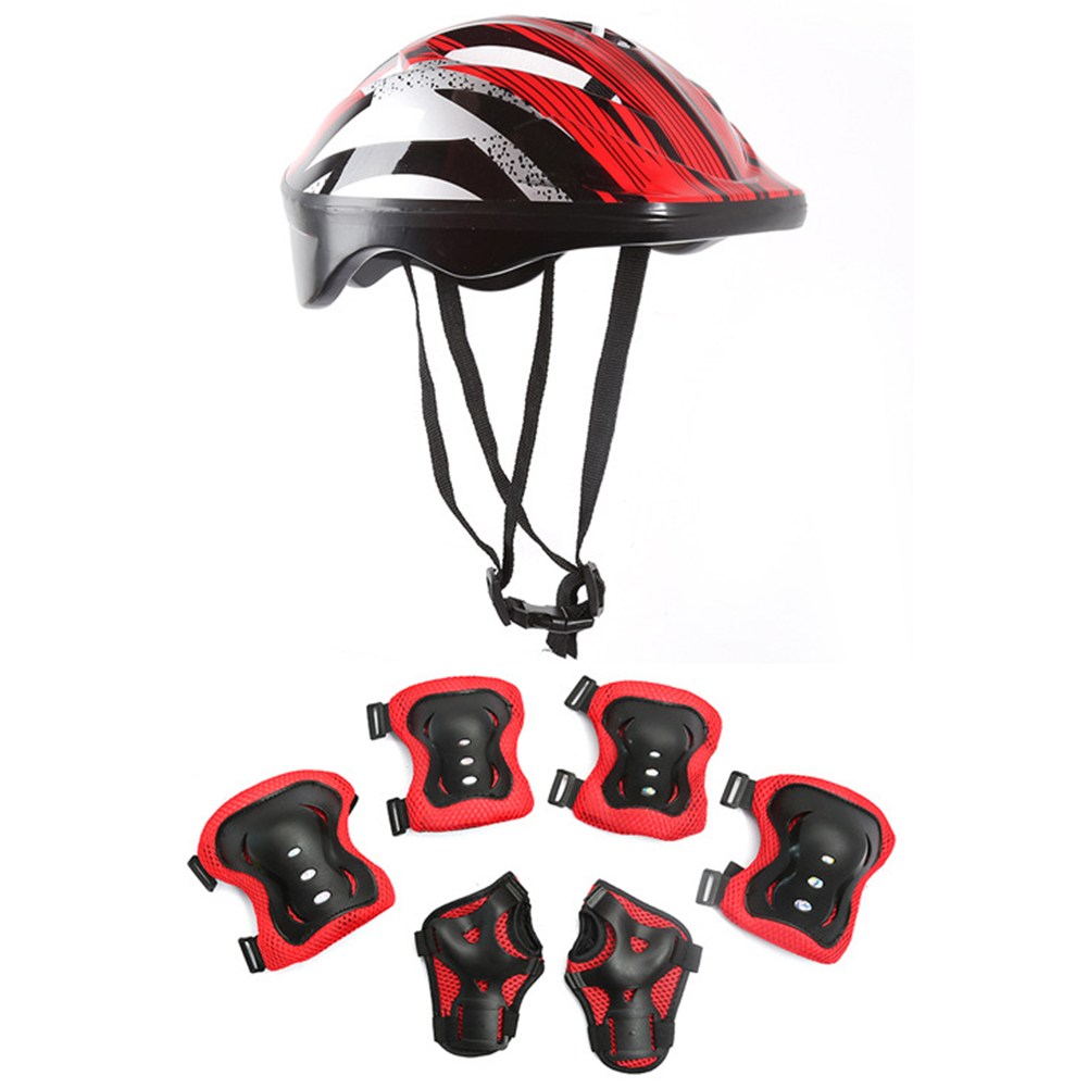 7Pcs Bicycle Sport Protective Gear Set Breathable Kids Skateboard Scooter Helmet Set 48-55cm for Skateboard/Bike/Skating/Cycling: Red