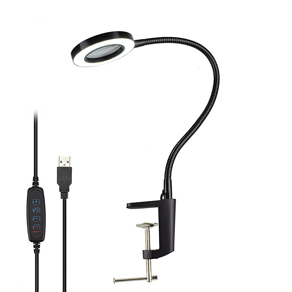 NEWACALOX USB 3X/5X banc étau Table pince loupe LED lumières Flexible lampe de bureau pour la lecture travail éclairage loupe: Black 3X Magnifier